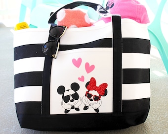 Striped Disney Beach Bag / Disney Bag / Disney Autograph Bag / Disneyland Canvas Tote / Summer Tote