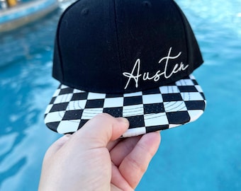Custom Name Hat Flat Bill Kids Hat Baby Flat Bill Name Hat Gift Hat Checkered Ball Cap Personalized Kids Gits Personalized Accessories