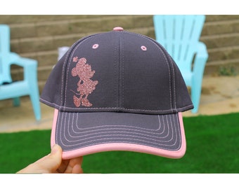 Cappellino da baseball con motivo floreale di Minnie: silhouette glitterata in oro rosa