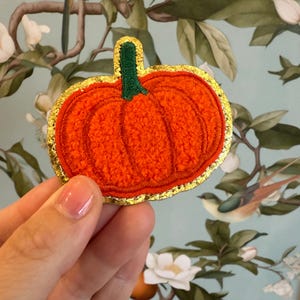 May include: An orange pumpkin patch with a green stem and gold glitter trim. The patch is held in a hand against a floral background. The pumpkin is a fall-themed decorative item.