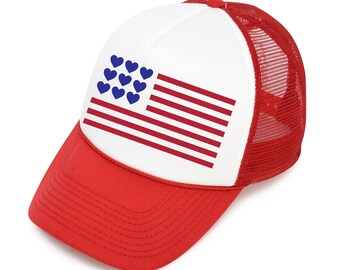 May include: A red and white trucker hat with a blue heart American flag design. The hat has a mesh back.