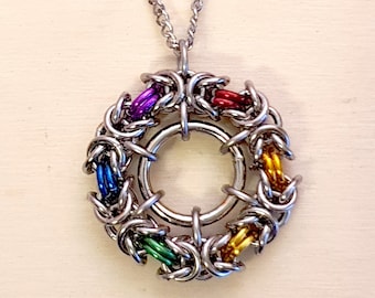Rainbow Chainmail Eternity Pendant / Pride Necklace / LGBT+ / Queer / Gay Pride / Chainmaille Pendant / Rainbow and Silver / Steel