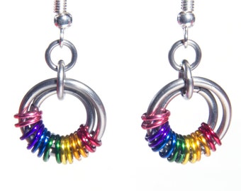 Rainbow Drop Earrings / Chainmail Earrings / LGBT Earrings / Rainbow Chainmaille Earrings / Gay Pride Jewellery / Circle  Jewellery