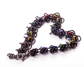 Persephone Pride LGBT Bracelet / Rainbow Chainmail / Gay Pride Jewellery / Rainbow and Black  / Gothic Lace / Rainbow Chainmail Bracelet