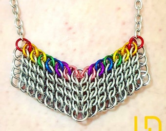 Rainbow and Steel Pendant Necklace / Pride / Arrow Necklace / LGBT+ Jewellery / Chainmaille Necklace / Chainmail Pendant