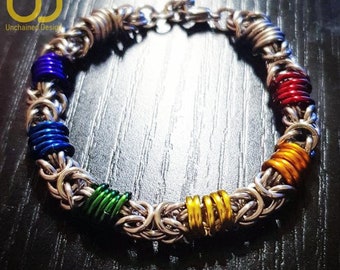 Orbital Byzantine Pride LGBT Bracelet / Rainbow Chainmail / Gay Pride Jewellery / Rainbow and Silver / Steel Chainmaille / Viking Style