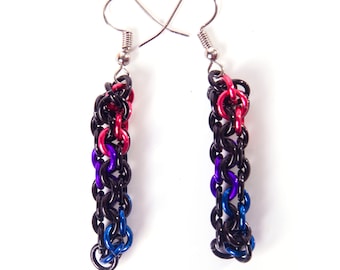 Bisexual Drop Earrings / Chainmail Earrings / LGBT Earrings / Rainbow Chainmaille Earrings / Gay Pride Jewellery / Bi Pride Jewellery