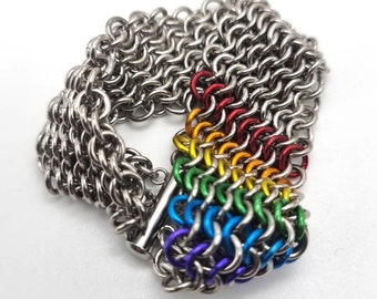 Euro 4 in 1 Pride LGBT Bracelet / Rainbow Chainmail / Gay Pride Jewellery / Rainbow and Silver / Steel Chainmaille / Viking Style / Armour
