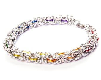 Byzantine Rainbow Chainmail Bracelet / Pride LGBT Bracelet / Rainbow Chainmail / Gay Pride Jewellery / Rainbow and Silver / Chainmaille