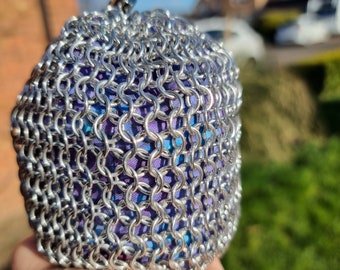 Chainmail Dice Bag Cotton Lined / CUSTOM AVAILABLE / Chainmaille Pouch / Handmade Dicebag / Hand Made Bag / Blue Sea Dragon / Silver Purple