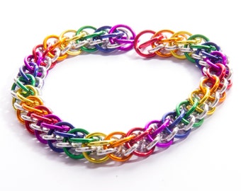 Slow Worm Rainbow Chainmail Bracelet / Pride LGBT Bracelet / Rainbow Chainmail / Gay Pride Jewellery / Rainbow and Silver / Chainmaille