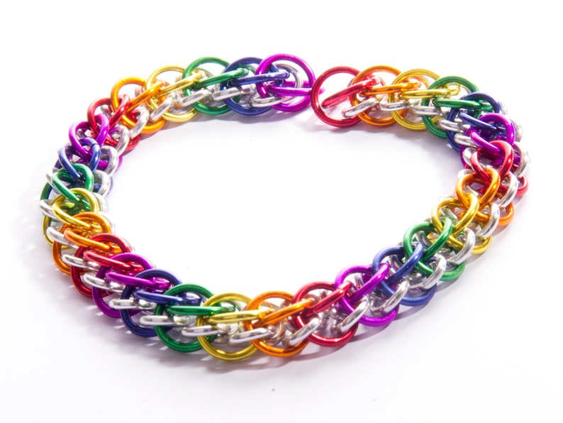 Slow Worm Rainbow Chainmail Bracelet / Pride LGBT Bracelet / Rainbow Chainmail / Gay Pride Jewellery / Rainbow and Silver / Chainmaille image 1