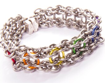 Lylo Pride LGBT Bracelet / Rainbow Chainmail / Gay Pride Jewellery / Rainbow and Silver / Steel Chainmaille / Rainbow Chainmail Bracelet