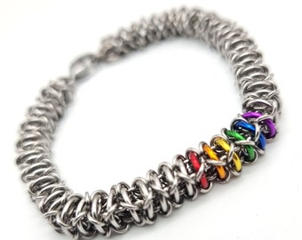 Neriad Pride LGBT Bracelet / Rainbow Chainmail / Gay Pride Jewellery / Rainbow and Silver / Steel Chainmaille / Rainbow Chainmail Bracelet