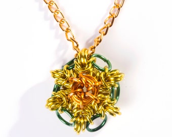 Yellow Flower Chainmail Pendant / Nature Necklace / Yellow Pendant / Flower Jewellery / Druid / Ranger / Chainmaille Pendant / Daffodil