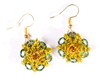 Yellow Flower Earrings / Chainmail Earrings / Nature Earrings / Flower Jewellery / Druid / Ranger / Chainmaille Earrings / Drop Earrings