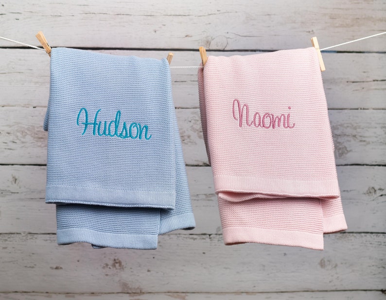 Monogrammed Baby Blanket Very Soft Cotton Knit Pink or Blue Etsy