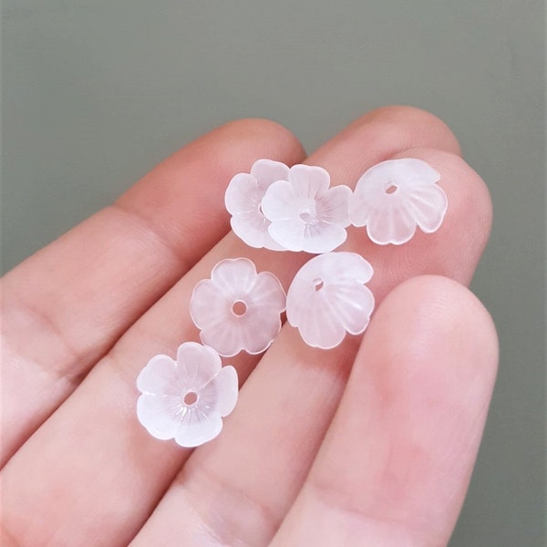 50/100 x Lucite Flower Shaped Beads, 11mm Frosted Semi Transparent White Flower Beads, by Jewellery Making Supplies London ( JMSLondonCo )
