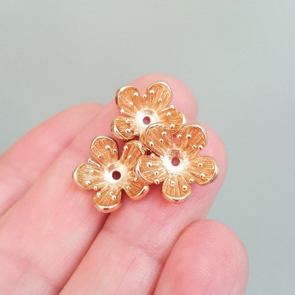 4/8/16 x 3D Sakura Flower Beads, 13mm Gold Plated Solid Brass Pieces, by Jewellery Making Supplies London ( JMSLondonCo )