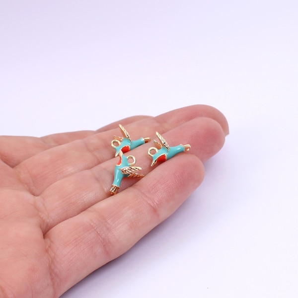 2/4 x Tiny Hummingbird Enamelled Charms, 13mm x 10mm, Colourful Enamelled and Gold Plated Brass Pieces, by JMSLondonCo.