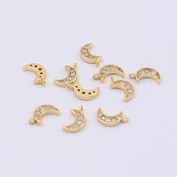 1/2/4 x Tiny 18K Gold Plated Crescent Moon Charms with Cubic Zirconia, 5mm x 9mm, by Jewellery Making Supplies London (JMSLondonCo)