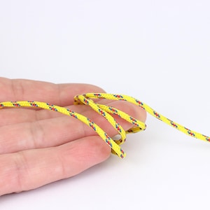 May include: A length of yellow rope with a red and blue pattern. The rope is held in a hand against a white background. The rope is tightly woven and appears durable.