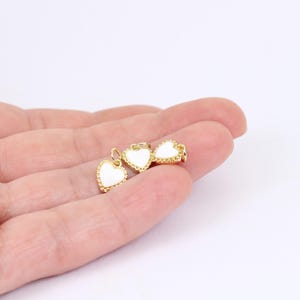 1/2 x Tiny Heart Charms, Gold Plated with White Enamel, 11mm x 9mm, Fancy Edge & Jump Ring, by JMSLondonCo.