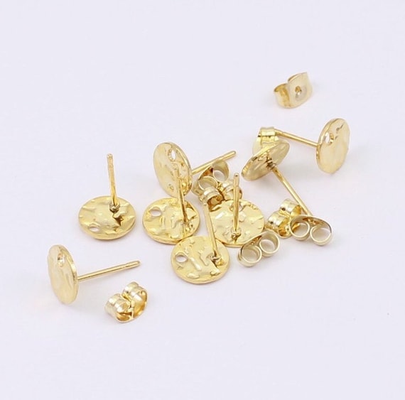 2/4/8 x Pairs of 8mm/10mm Coin Stud Earring Findings, Textured Gold Plated Polished Steel, 6mm x 4mm Ear Scrolls Included, by JMSLondonCo.