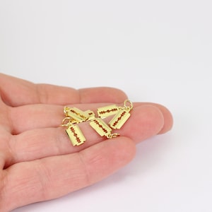 2 x Tiny Razor Blade Charms, Gold Plated Brass, 13mm x 6mm, by JMSLondonCo.