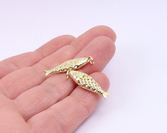 1/2/4 x Fish Charms, Gold Plated Brass 3D Fish with Cubic Zirconia Eyes, 25mm x 8mm, by Jewellery Making Supplies London ( JMSLondonCo)