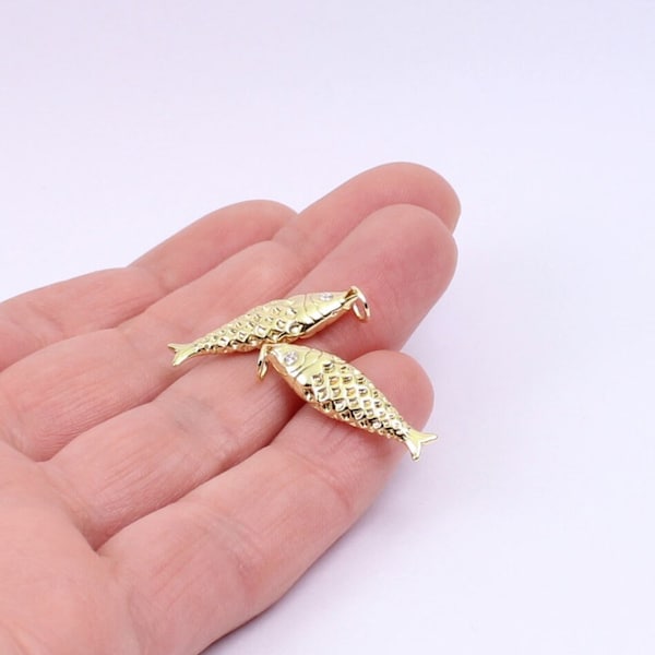 1/2/4 x Fish Charms, Gold Plated Brass 3D Fish with Cubic Zirconia Eyes, 25mm x 8mm, by Jewellery Making Supplies London ( JMSLondonCo)