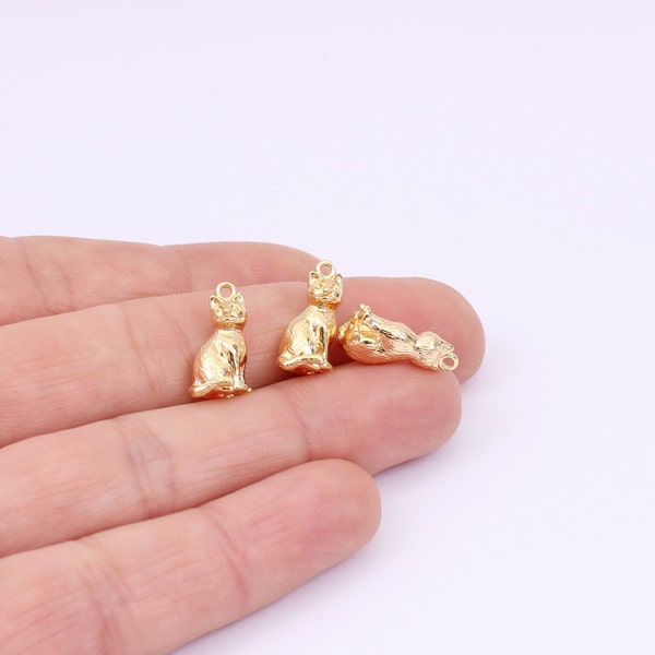 1/2/4 x Tiny Gold Plated Cat Charms, 18K Gold Plated Brass, 14mm x 9mm, by Jewellery Making Supplies London ( JMSLondonCo )