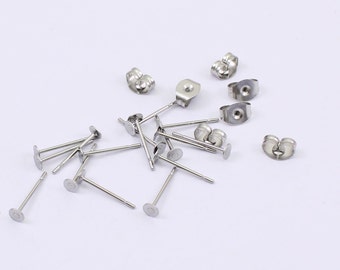 20/40 x Pairs of Tiny 3mm Flat Pad Earring Findings, Stainless Steel, 6mm x 4mm Ear Scrolls Included, by JMSLondonCo.