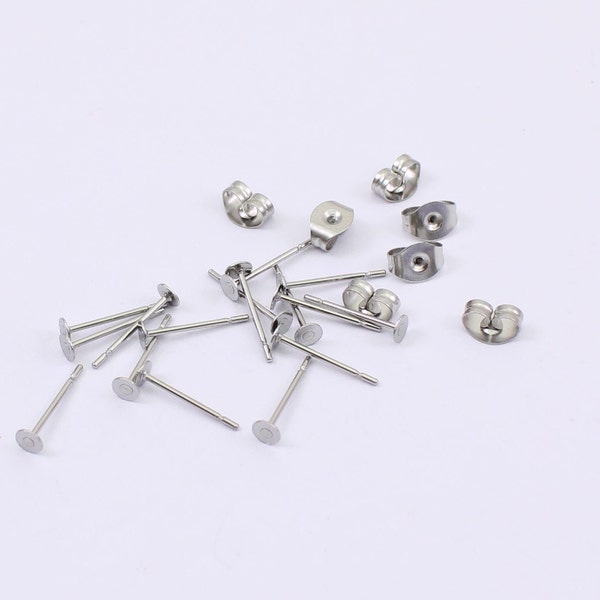 20/40 x Pairs of Tiny 3mm Flat Pad Earring Findings, Stainless Steel, 6mm x 4mm Ear Scrolls Included, by JMSLondonCo.