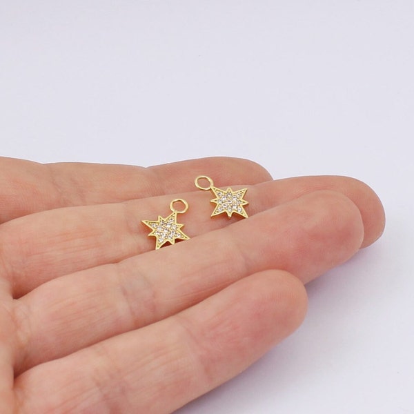 1/2/4 x minuscules breloques étoile du Nord, laiton plaqué or 18 carats, incrusté de zircone cubique, 14 mm x 10 mm, par JMSLondonCo.