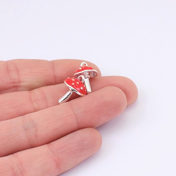 2/4/8 x Fly Agaric Mushroom Charms, Silver Plated Charms with Red Enamel, 17mm x 11mm, by Jewellery Making Supplies London ( JMSLondonCo )