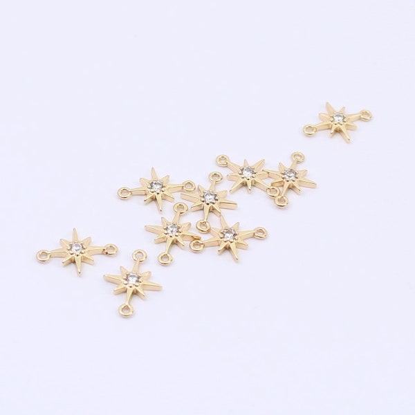 2/4/8 x 極小キュービックジルコニア スター コネクタ、18K 金メッキ真鍮ピース、12 x 9 mm、JMSLondonCo. 製。