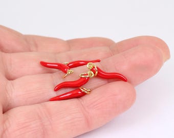 1/2 x Red Enamel Horn of Plenty Charms, Gold Plated Brass, 18mm x 4mm, by JMSLondonCo.