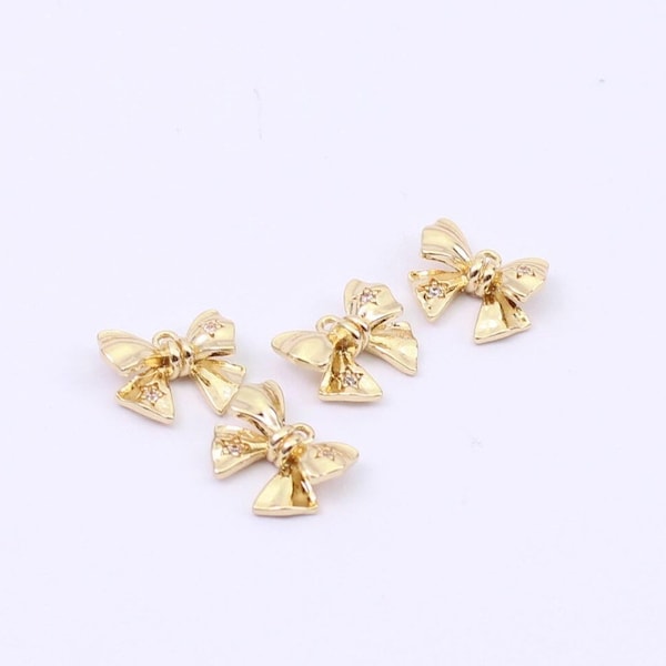 1/2/4 x Tiny Bow Knot Charms with Cubic Zirconia, 18K Gold Plated, 10mm x 9mm, by Jewellery Making Supplies London (JMSLondonCo)