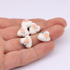4/8 x Vintage Style Ceramic Heart Shaped Beads with Floral Design, 11mm x 12mm, by Jewellery Making Supplies London (JMSLondonCo)