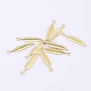 4/8 x Tiny Feather Charms, 17mm x 5mm,  Gold Plated Brass Pieces, by Jewellery Making Supplies London ( JMSLondonCo ) .