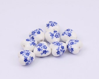 4/8 x Blue and White Floral Ceramic Heart Beads, 14mm x 11mm, by Jewellery Making Supplies London ( JMSLondonCo )