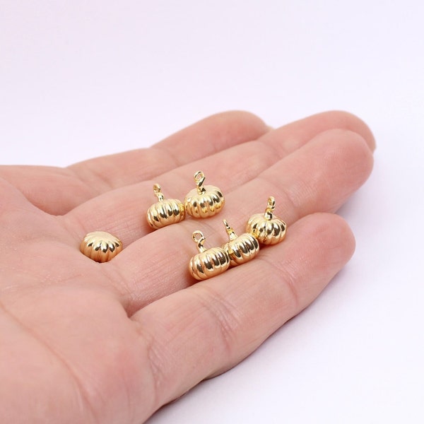 1/2/4 x Tiny Pumpkin Halloween Charms, 18K Gold Plated Brass, 10mm x 7.5mm, by JMSLondonCo ( Jewellery Making Supplies London )
