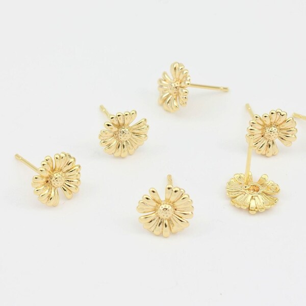 Daisy Stud Earrings, 18K Gold Plated Brass with Loop, 10mm Diameter, by Jewellery Making Supplies London ( JMSLondonCo )