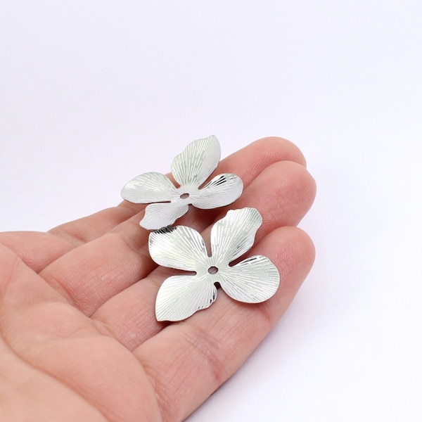 2/4/8 x Large Silver Flower Beads, 37mm x 32mm Rhodium Plated Four Petal Metal Flowers, by Jewellery Making Supplies London ( JMSLondonCo )