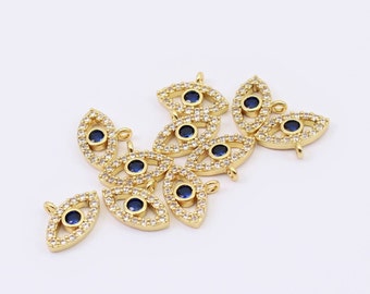 1/2/4 x Tiny Cubic Zirconia Evil Eye Charm, 1 x 18K Gold Plated Brass Piece, 11mm x 9mm, by Jewellery Making Supplies London ( JMSLondonCo )