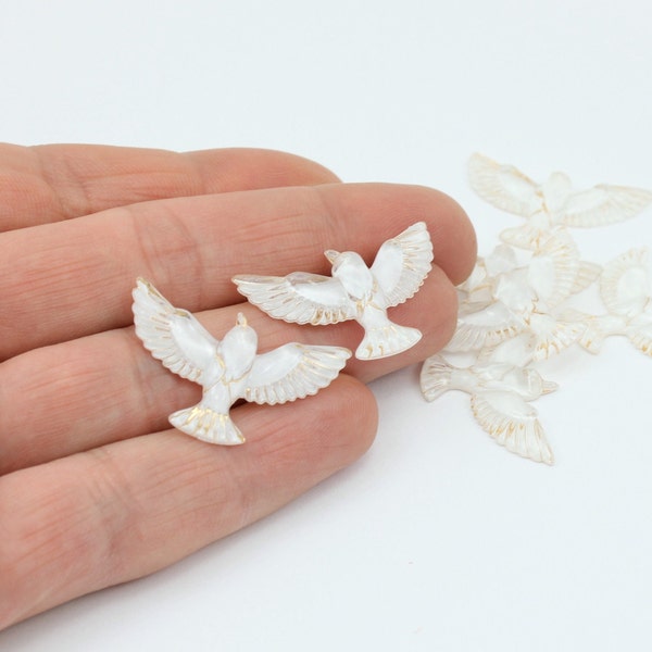 5/10/20 x White and Gold Acrylic Dove Bird Pendants, 35mm x 23mm, by Jewellery Making Supplies London ( JMSLondonCo )