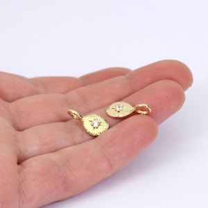 1/2/4 x Gold Plated Organic Drop Shaped Charm with Cubic Zirconia in Star Shaped Pave Settings. Textured, 16mm x 8mm, by JMSLondonCo.