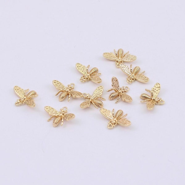 2/4/8/16 x Tiny Gold Plated Bee Charms, 18K Gold Plated, 14mm x 10mm, Finely Detailed, by Jewellery Making Supplies London ( JMSLondonCo )