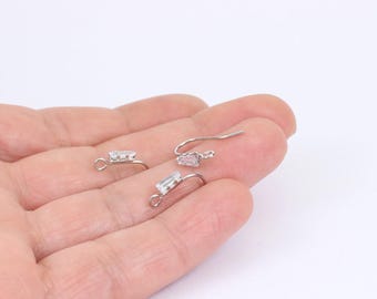 2/4 x Pairs of Fish Hook Earring Wires with Trapezoid Cubic Zirconia, Platinum Plated, by Jewellery Making Supplies London (JMSLondonCo)